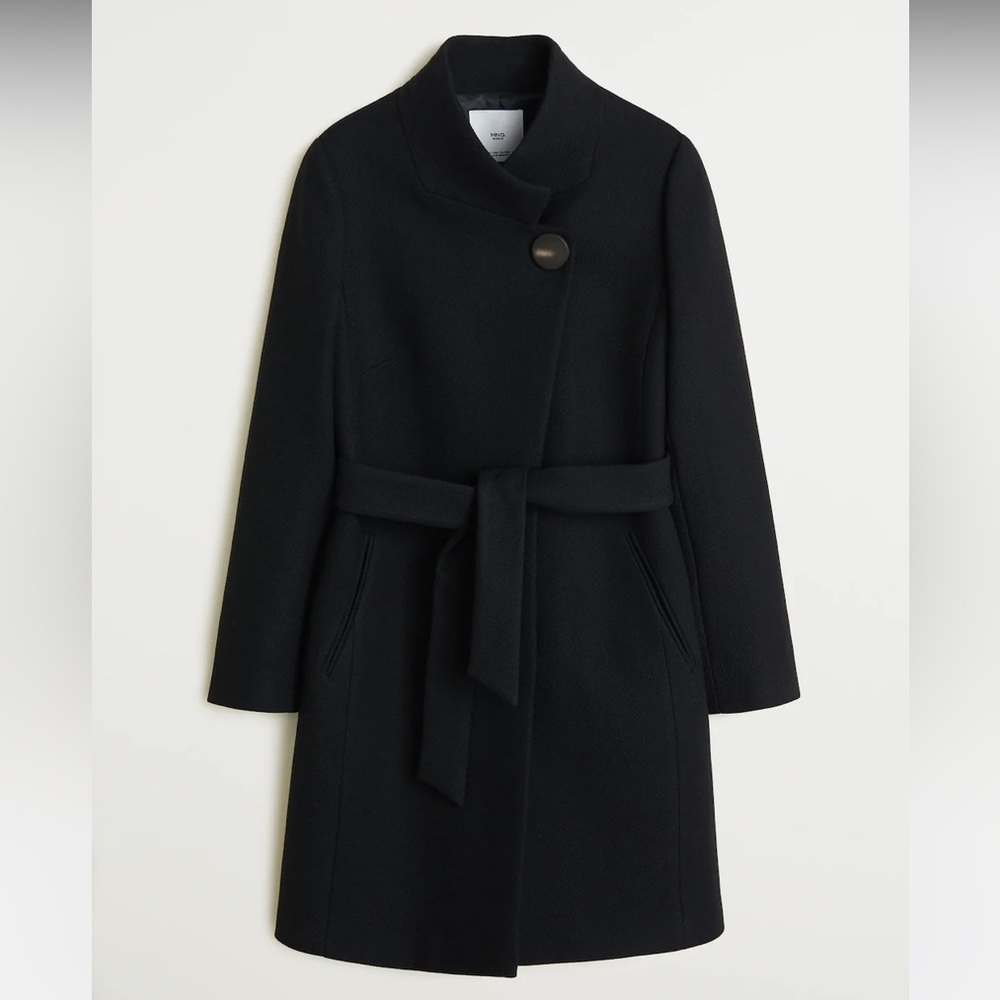 Mango Wool Coat with Belt Tie - Navy, Size M